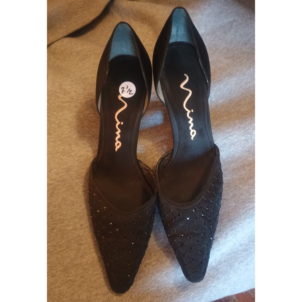 Nina Women's Black Satin Glitter Criss Cross Point Toe Pump 4" Heels Size 7 1/2